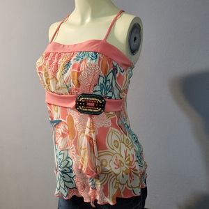 Trixxi Three Pink Hearts Floral Sleeveless Embellished Tank Top